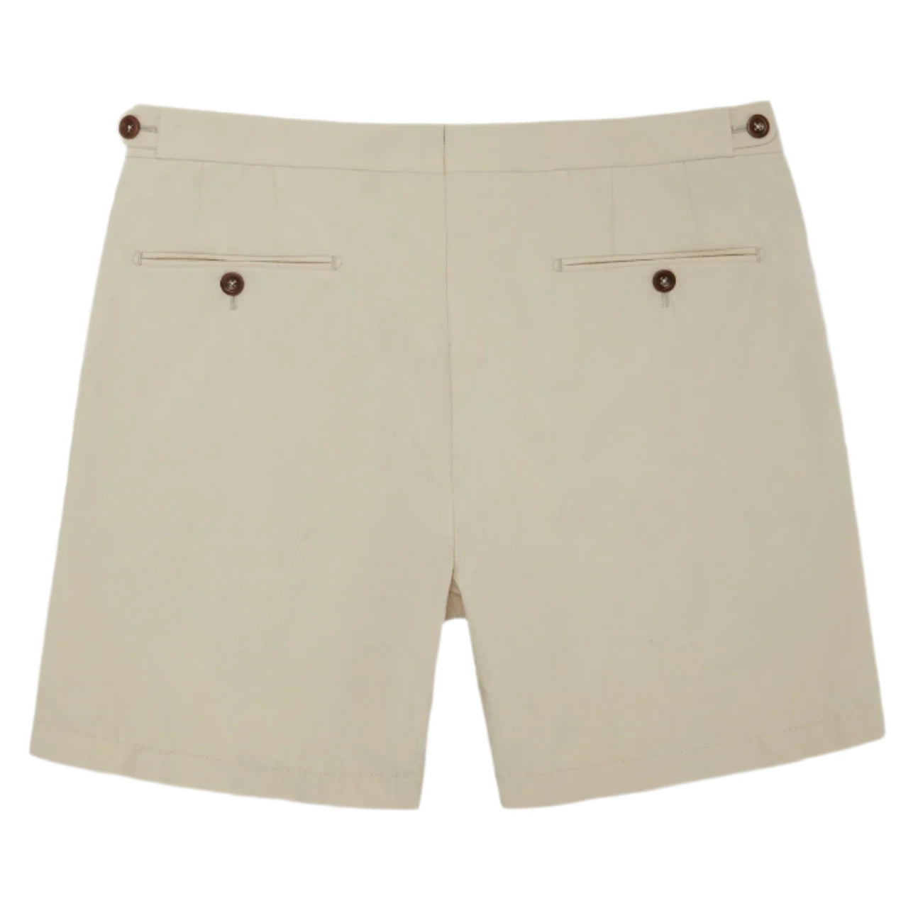 Sid Mashburn Sport Shorts Side Tab in beige, shown from the back with two buttoned welt pockets and adjustable elasticized side tabs for a comfortable fit.