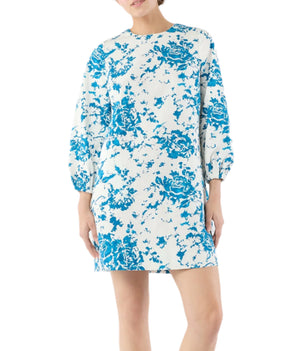 A person models the Ann Mashburn Francine Dress—a white, long-sleeve dress with blue floral-printed faille and bracelet sleeves—against a plain white background.