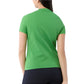 A person with long dark hair, seen from behind, wears the Ann Mashburn Lee Tee in green and black pants against a white background.