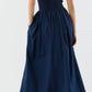 A woman faces away in the Ann Mashburn Cosette Cotton Silk Dress, featuring a navy short-sleeved fitted top and gathered poplin skirt, paired with brown heeled sandals.