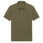 The Sid Mashburn Pima Pique Short-Sleeved Polo in olive green features a cut-and-sew collar, two-button placket, chest pocket, and tennis tail, shown laid flat on a white background.