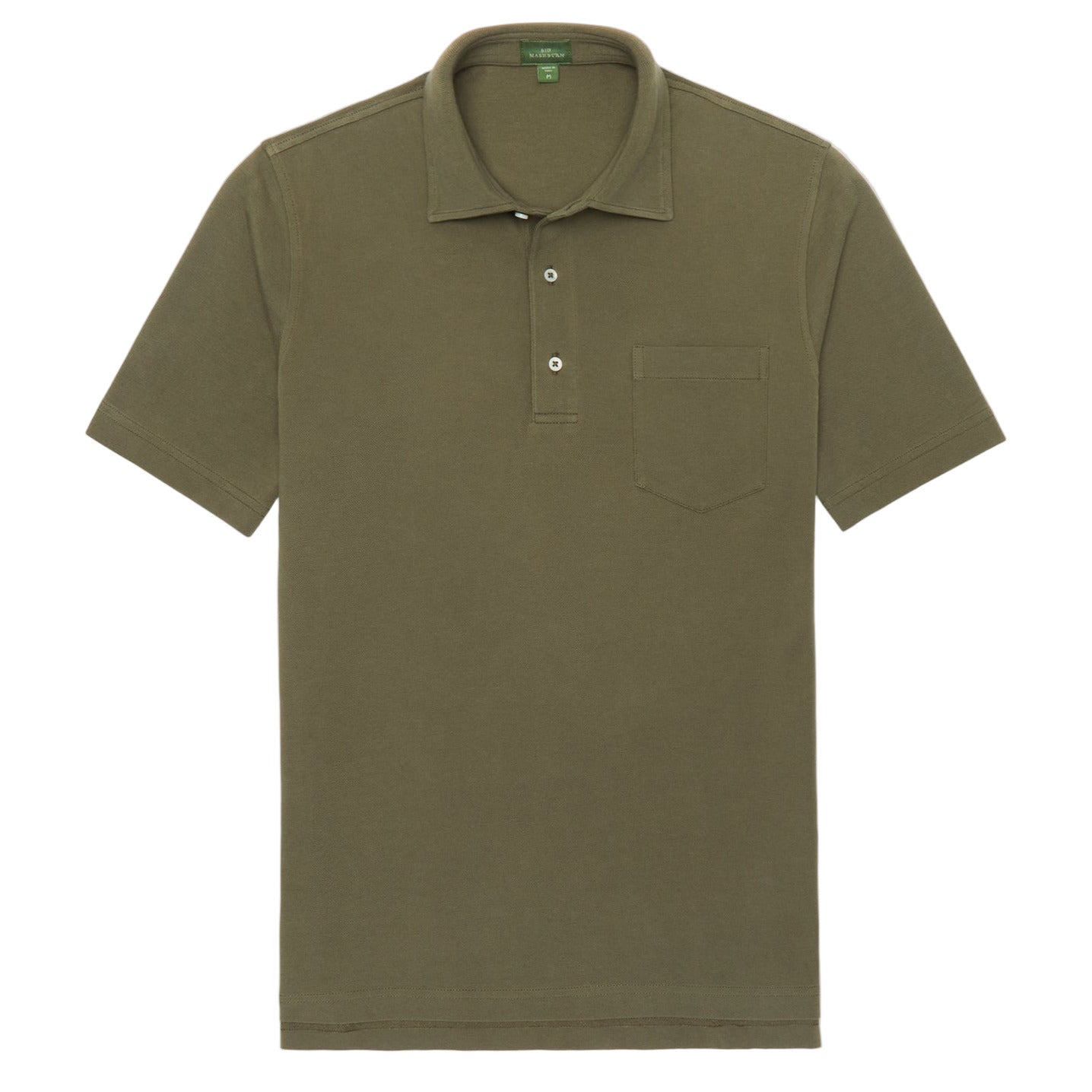 The Sid Mashburn Pima Pique Short-Sleeved Polo in olive green features a cut-and-sew collar, two-button placket, chest pocket, and tennis tail, shown laid flat on a white background.