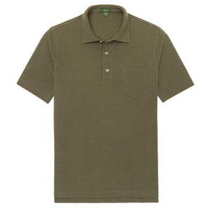 The Sid Mashburn Pima Pique Short-Sleeved Polo in olive green features a cut-and-sew collar, two-button placket, chest pocket, and tennis tail, shown laid flat on a white background.