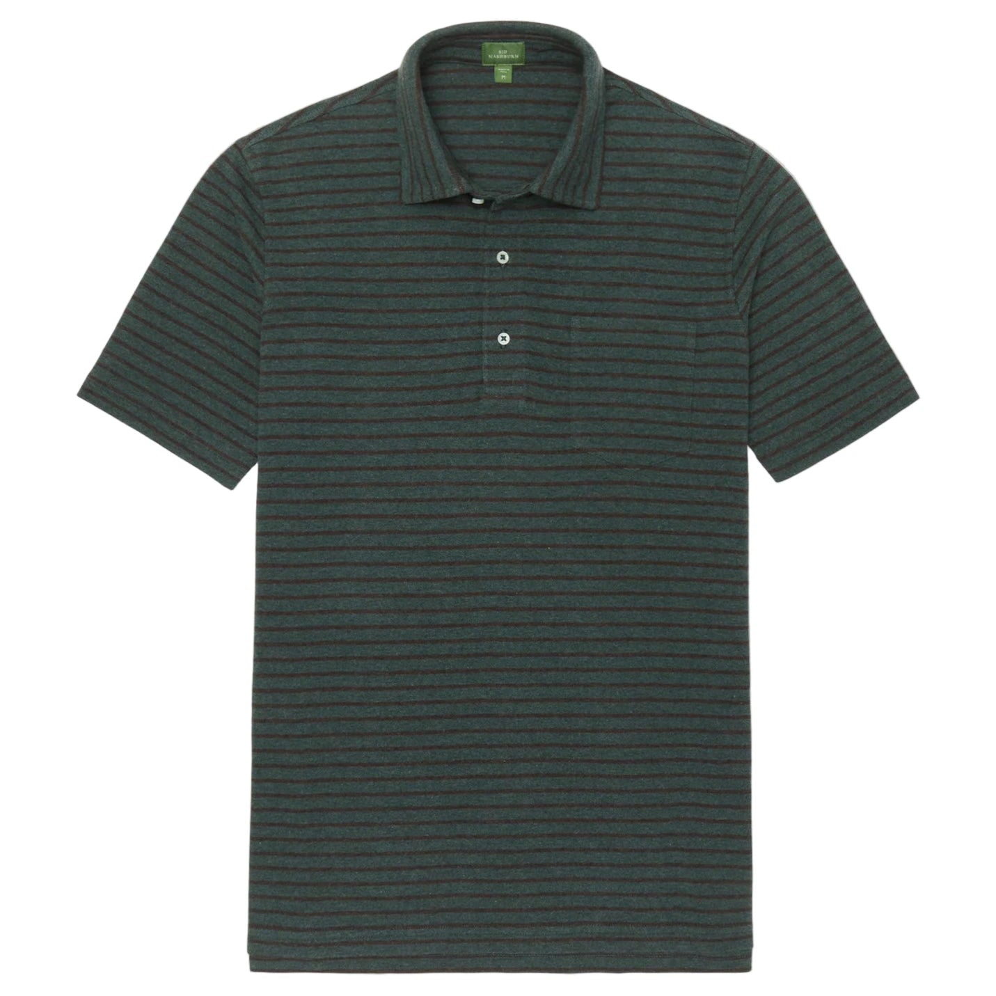 The Sid Mashburn Heather Short-Sleeved Polo is a men’s shirt in dark green and black stripes, crafted from premium pima cotton with short sleeves, a collar, and a two-button placket.