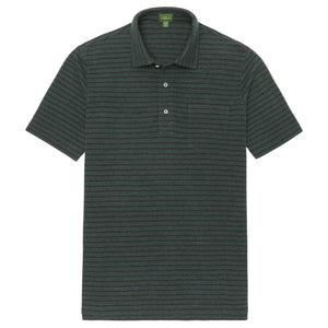 The Sid Mashburn Heather Short-Sleeved Polo is a men’s shirt in dark green and black stripes, crafted from premium pima cotton with short sleeves, a collar, and a two-button placket.