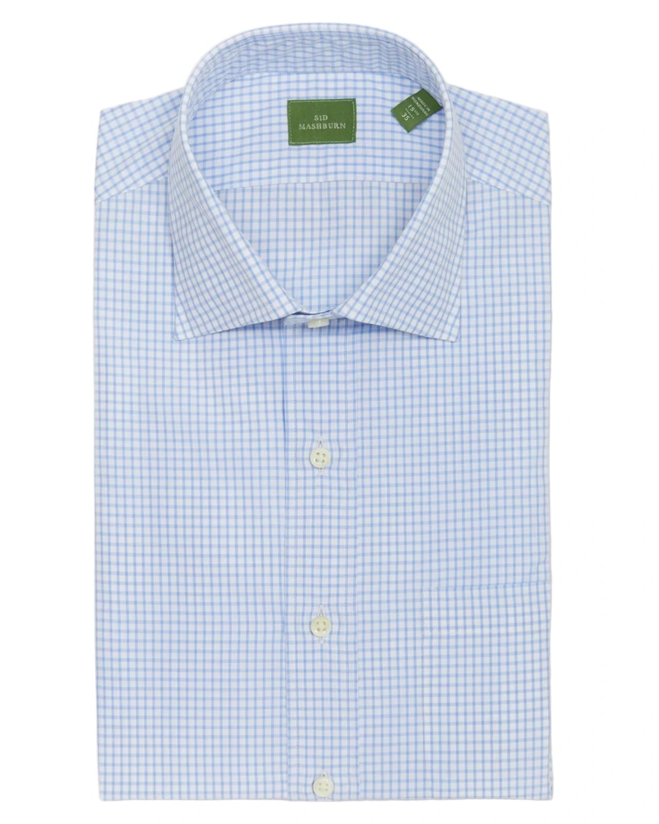 The Sid Mashburn Spread Collar Dress Shirt features a light blue and white check pattern, button-down closure, front pocket, and neatly folded spread collar design.