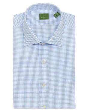 The Sid Mashburn Spread Collar Dress Shirt features a light blue and white check pattern, button-down closure, front pocket, and neatly folded spread collar design.