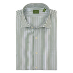 The Sid Mashburn Spread Collar Dress Shirt features green and white vertical stripes, a slim fit, long sleeves, a spread collar, light buttons, and a front pocket.
