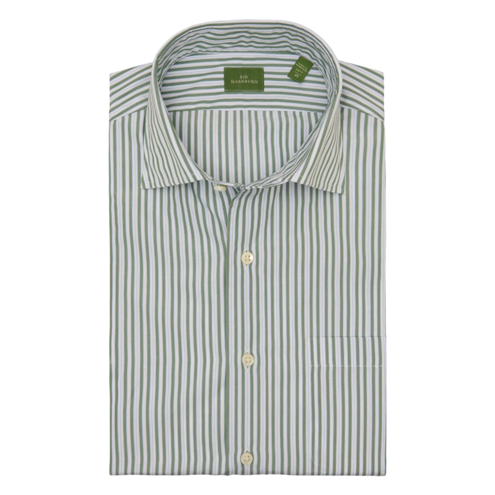 The Sid Mashburn Spread Collar Dress Shirt features green and white vertical stripes, a slim fit, long sleeves, a spread collar, light buttons, and a front pocket.