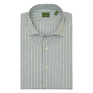The Sid Mashburn Spread Collar Dress Shirt features green and white vertical stripes, a slim fit, long sleeves, a spread collar, light buttons, and a front pocket.