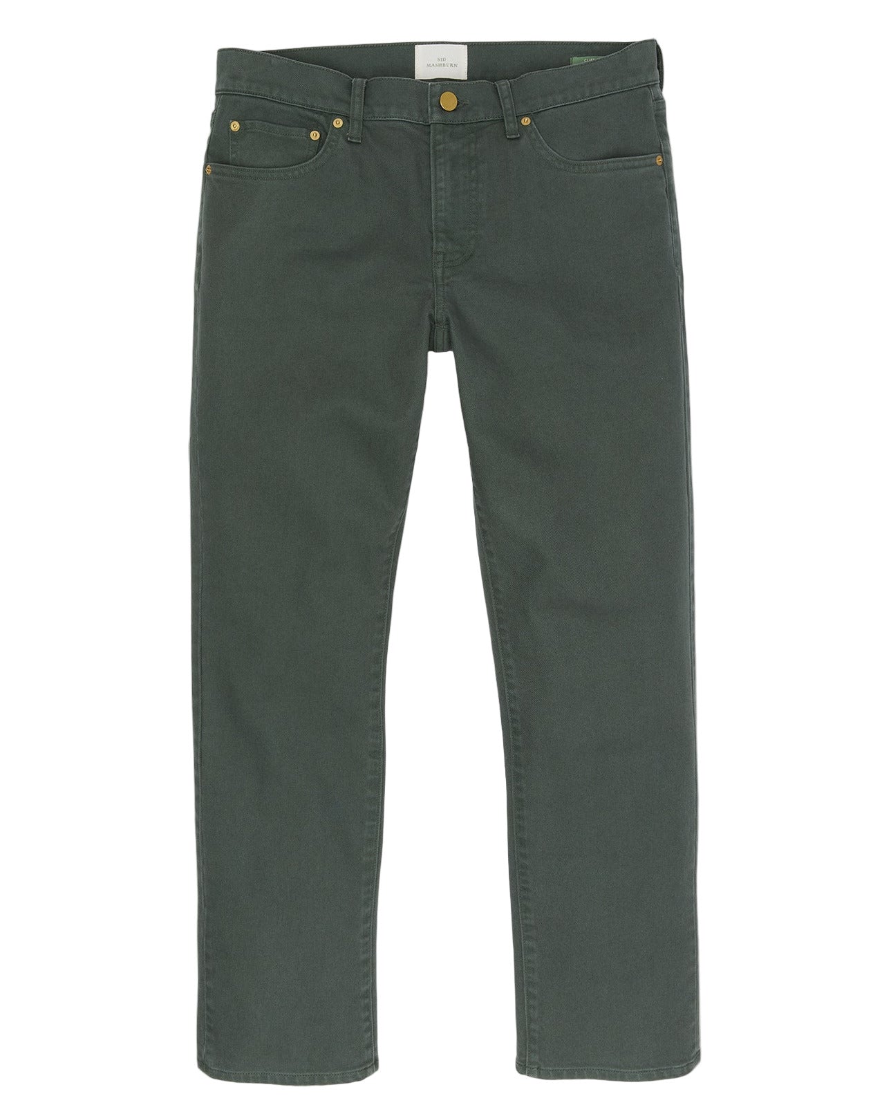 The Sid Mashburn Clift Jean is a straight-leg, dark green five-pocket jean made from garment-dyed proprietary denim, shown laid flat on a white background.