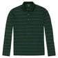 The Sid Mashburn Long-Sleeved Rally Polo features a slim fit in dark green with blue and gray horizontal stripes, sweater-knit construction, and a classic three-button placket.