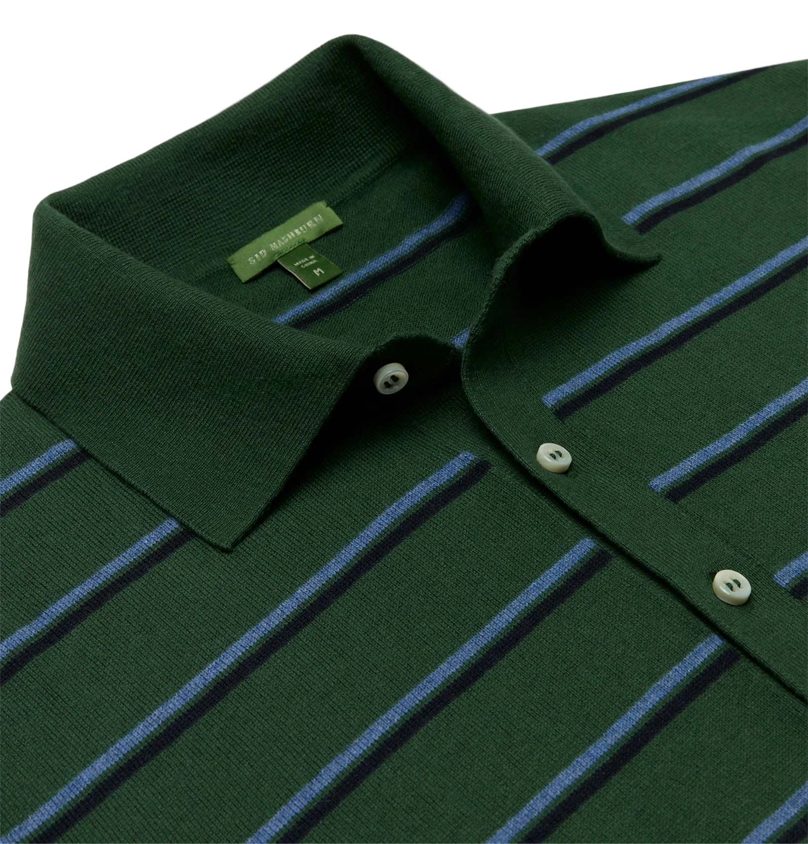 The Sid Mashburn Long-Sleeved Rally Polo is a green sweater-knit shirt with blue and black horizontal stripes and white buttons, displayed chest-up on a flat surface.