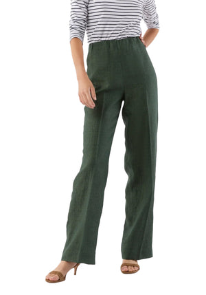 Model shown from shoulders down wearing Ann Mashburn Maureen Pant in green Italian linen (high-waisted, straight roomy fit), paired with a black-and-white striped long-sleeve shirt and brown heeled sandals.