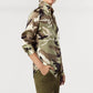 Person wearing an Ann Mashburn Classic Silk Charmeuse Blouse in a green and brown camouflage print with olive green pants.