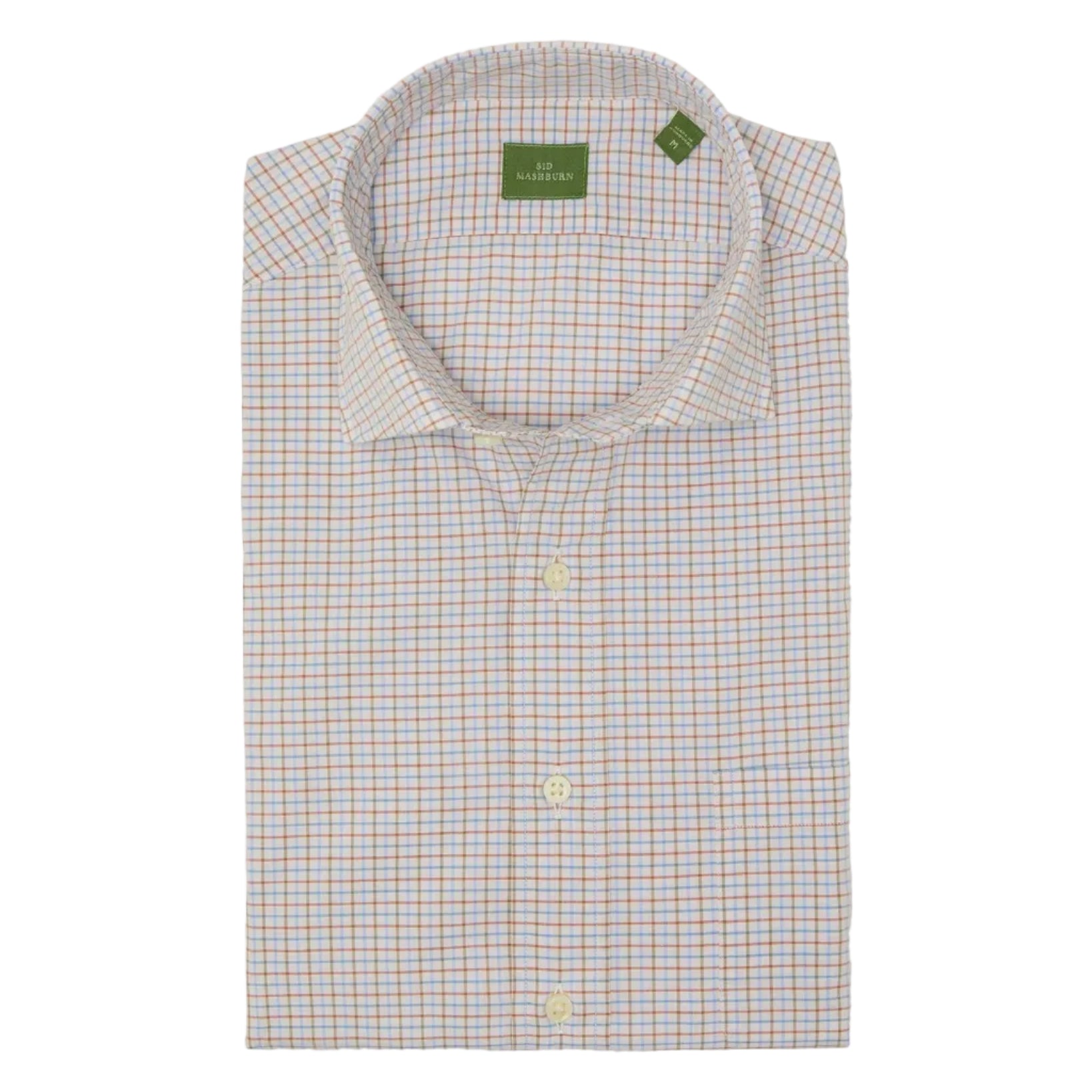 The Sid Mashburn Spread Collar Sport Shirt is a folded slim-fit button-up with a blue and orange check pattern, spread collar, and white buttons.