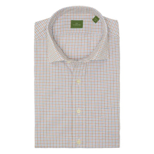 The Sid Mashburn Spread Collar Sport Shirt is a folded slim-fit button-up with a blue and orange check pattern, spread collar, and white buttons.