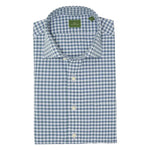 A neatly folded Sid Mashburn Spread Collar Sport Shirt in a slim fit with a blue and white checkered gingham pattern.