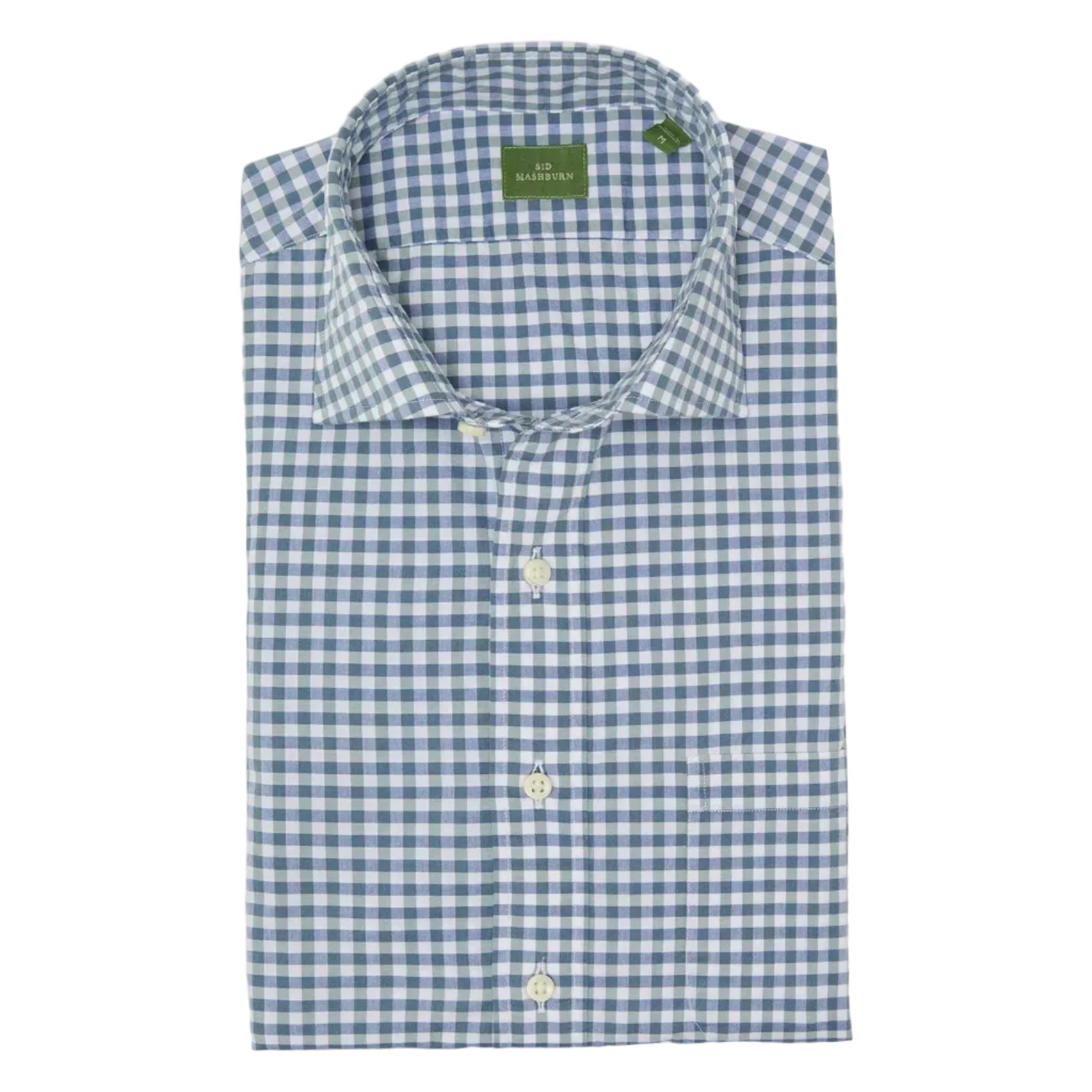 A neatly folded Sid Mashburn Spread Collar Sport Shirt in a slim fit with a blue and white checkered gingham pattern.