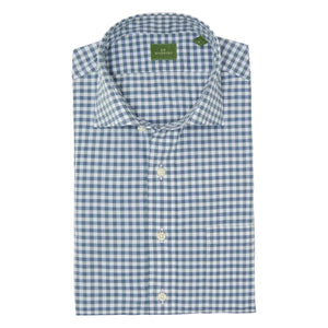 A neatly folded Sid Mashburn Spread Collar Sport Shirt in a slim fit with a blue and white checkered gingham pattern.