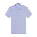Sid Mashburn Short-Sleeved Polo in light blue and white with thin horizontal stripes, crafted from luxury Peruvian pima cotton. Features a collar, three-button placket, and is displayed flat on a white background.