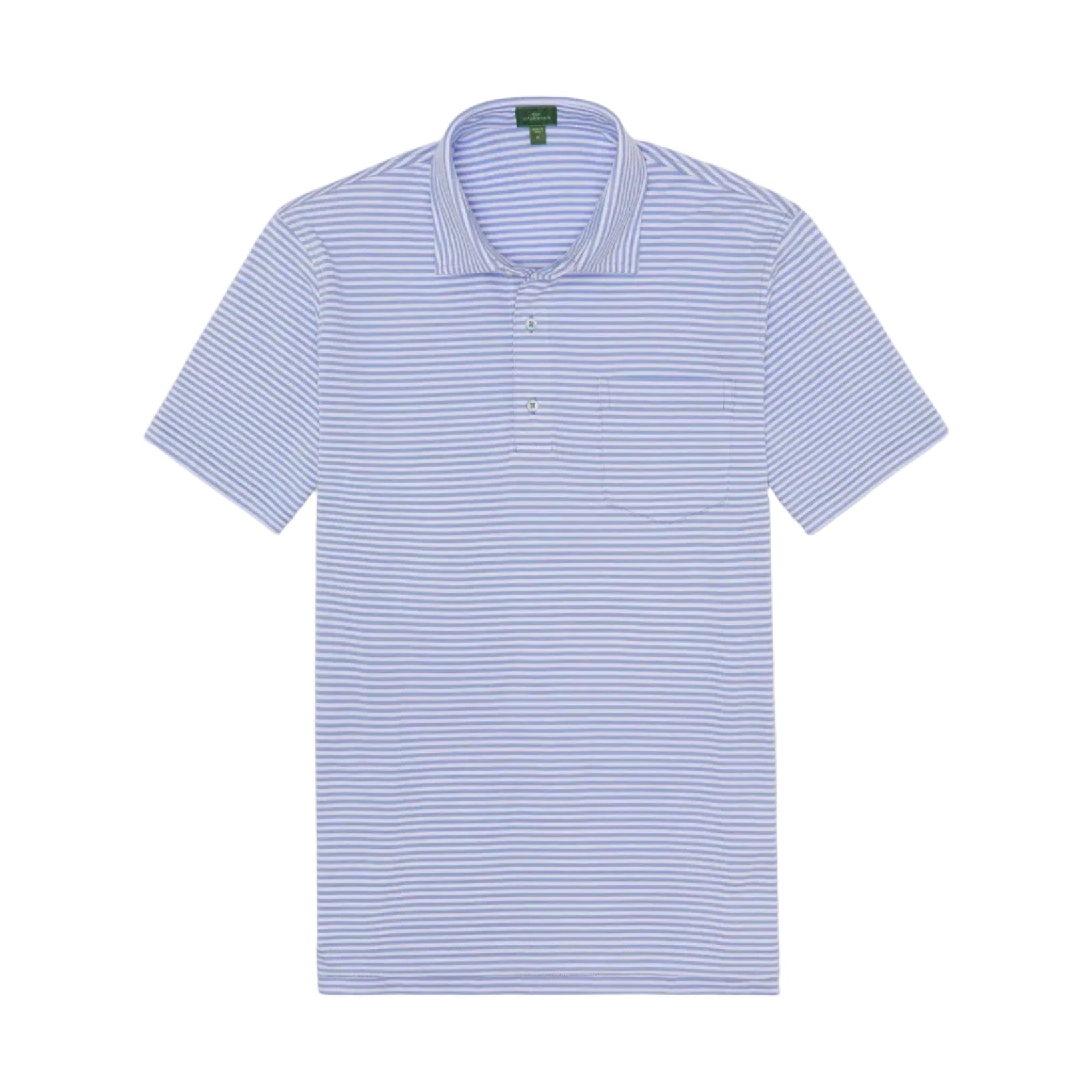Sid Mashburn Short-Sleeved Polo in light blue and white with thin horizontal stripes, crafted from luxury Peruvian pima cotton. Features a collar, three-button placket, and is displayed flat on a white background.