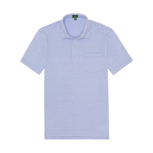 Sid Mashburn Short-Sleeved Polo in light blue and white with thin horizontal stripes, crafted from luxury Peruvian pima cotton. Features a collar, three-button placket, and is displayed flat on a white background.