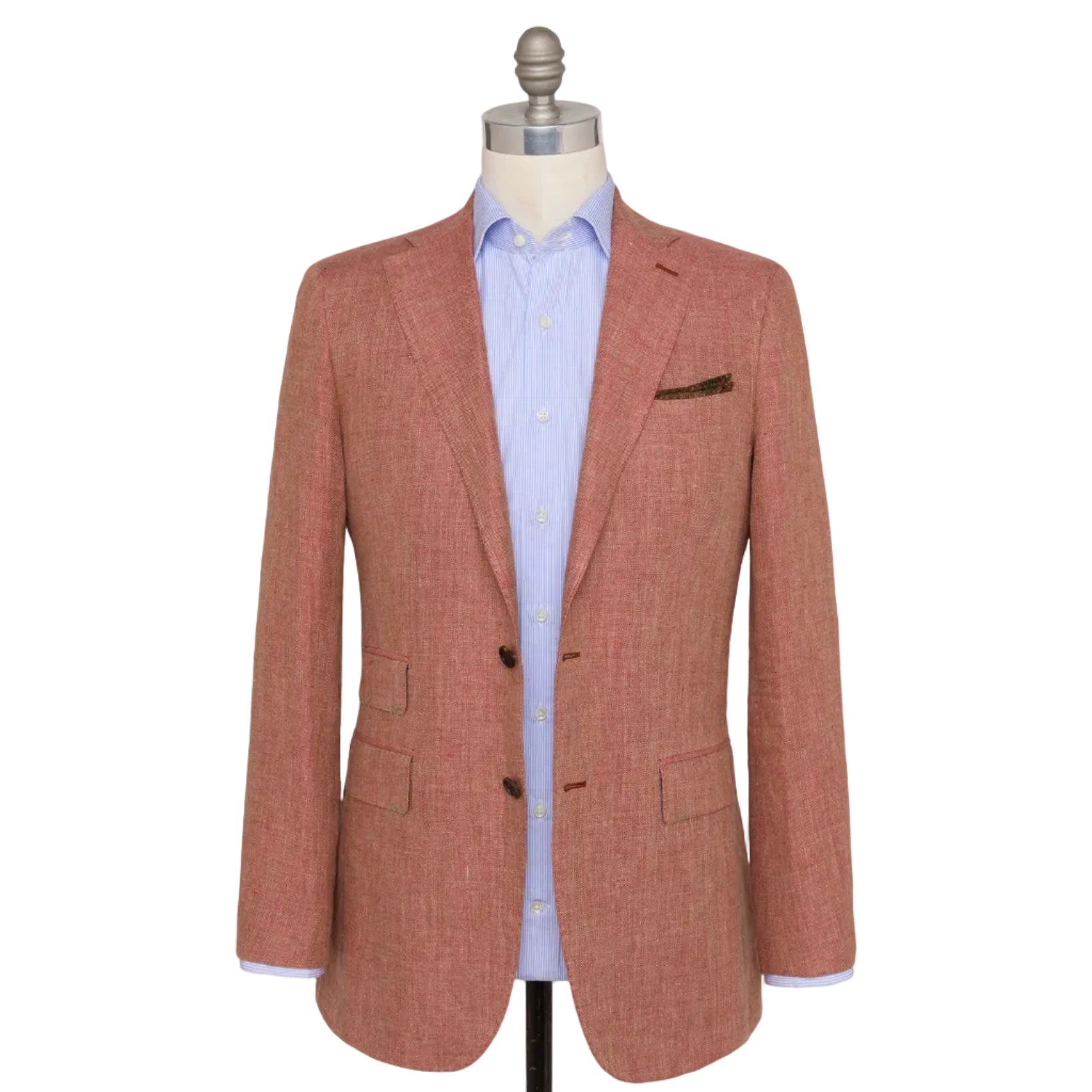 The Sid Mashburn Kincaid No. 3 Jacket in salmon, featuring full canvas construction, is styled over a light blue dress shirt and displayed on a mannequin against a white background.