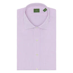 A neatly folded Sid Mashburn Spread Collar Dress Shirt in light purple checkered poplin, featuring a spread collar and a small green brand label inside the collar.
