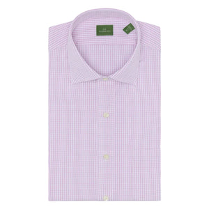 A neatly folded Sid Mashburn Spread Collar Dress Shirt in light purple checkered poplin, featuring a spread collar and a small green brand label inside the collar.