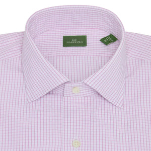 The Sid Mashburn Spread Collar Dress Shirt is a pink and white checkered slim fit poplin shirt with a spread collar and white buttons, featuring a green Sid Mashburn label inside the collar.
