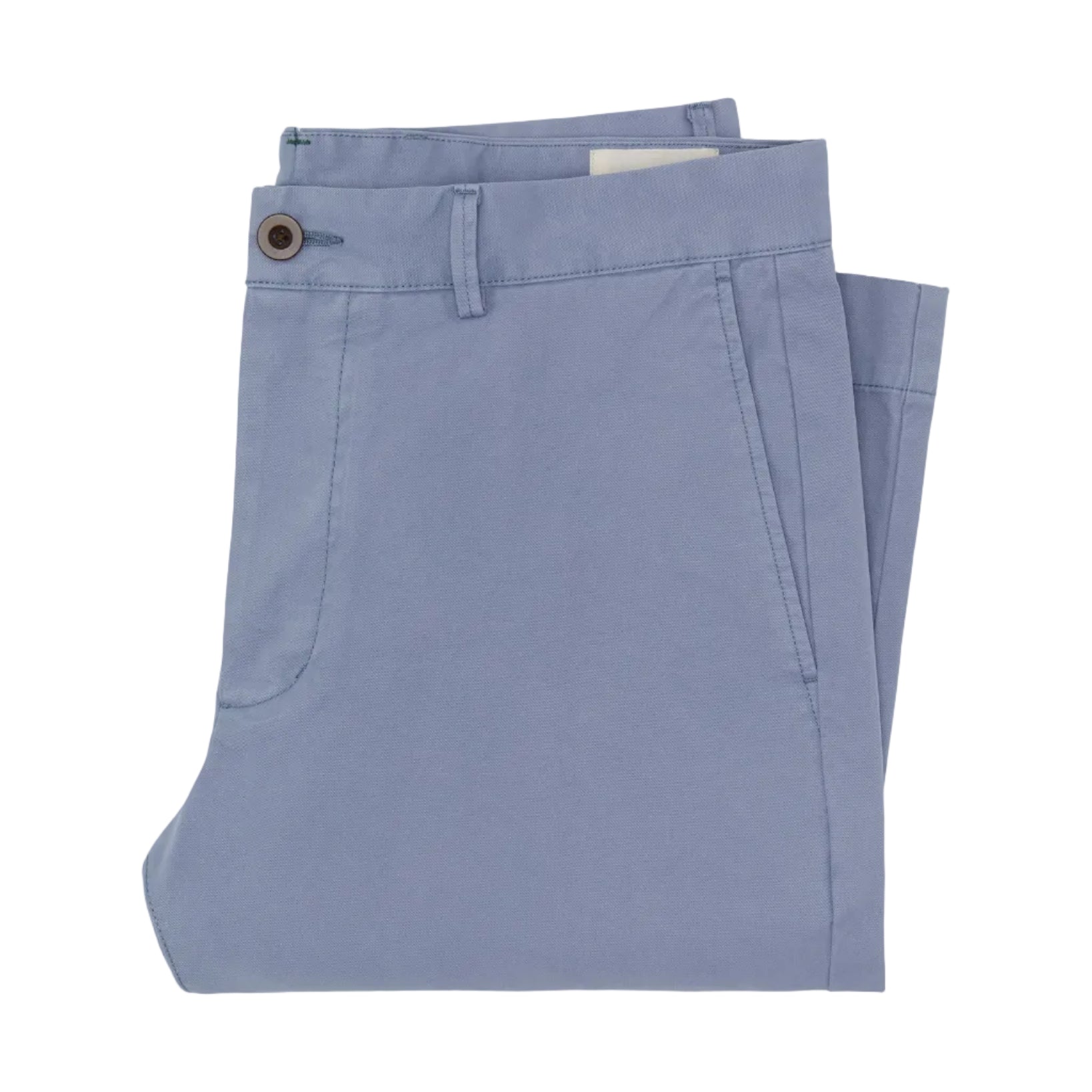 The Sid Mashburn Garment Dyed Field Pant, in light blue cotton twill, is neatly folded and features a front button closure with side pockets.