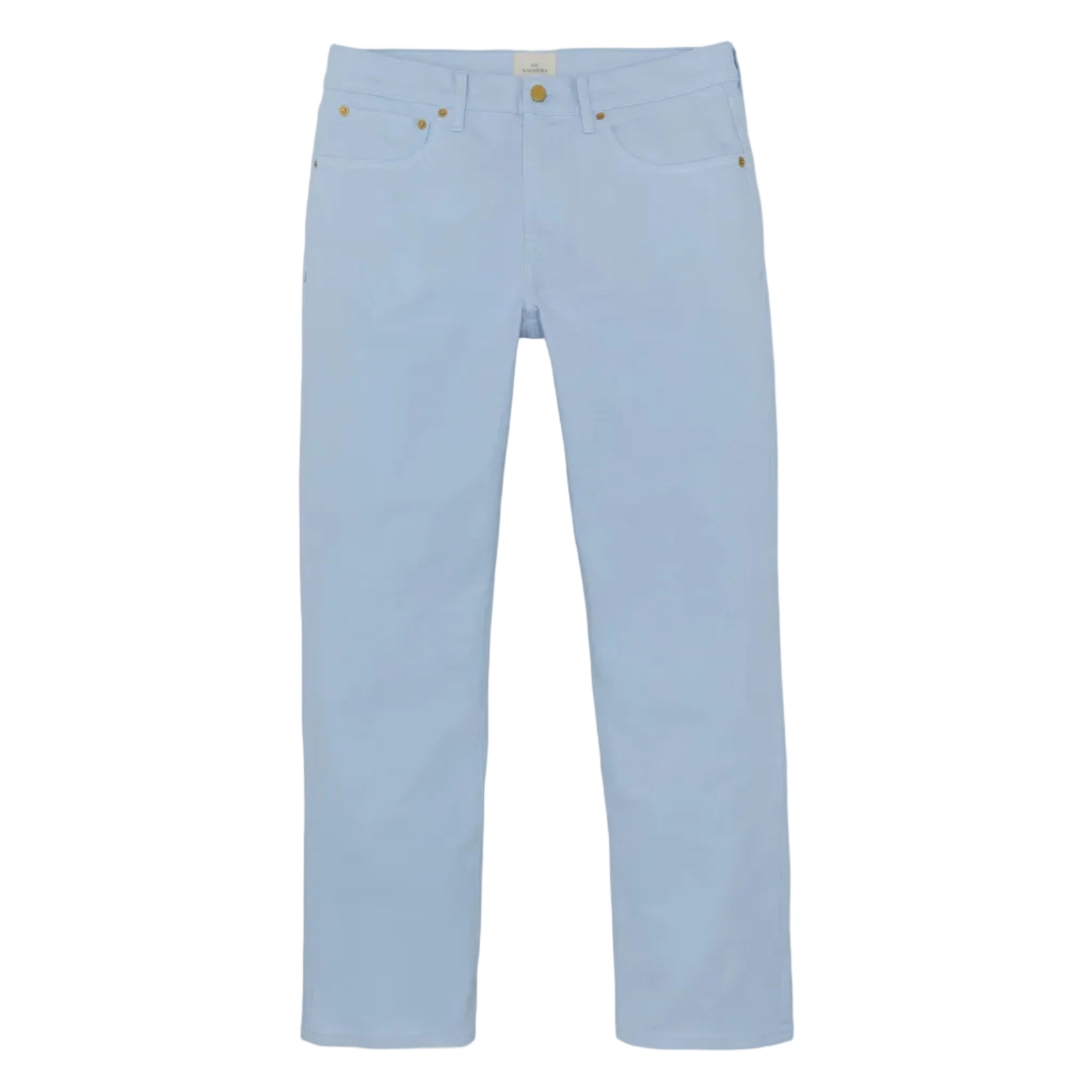 The Sid Mashburn Clift Straight Leg Jean is shown on a white background, featuring light blue proprietary denim, five pockets, belt loops, and a button closure.