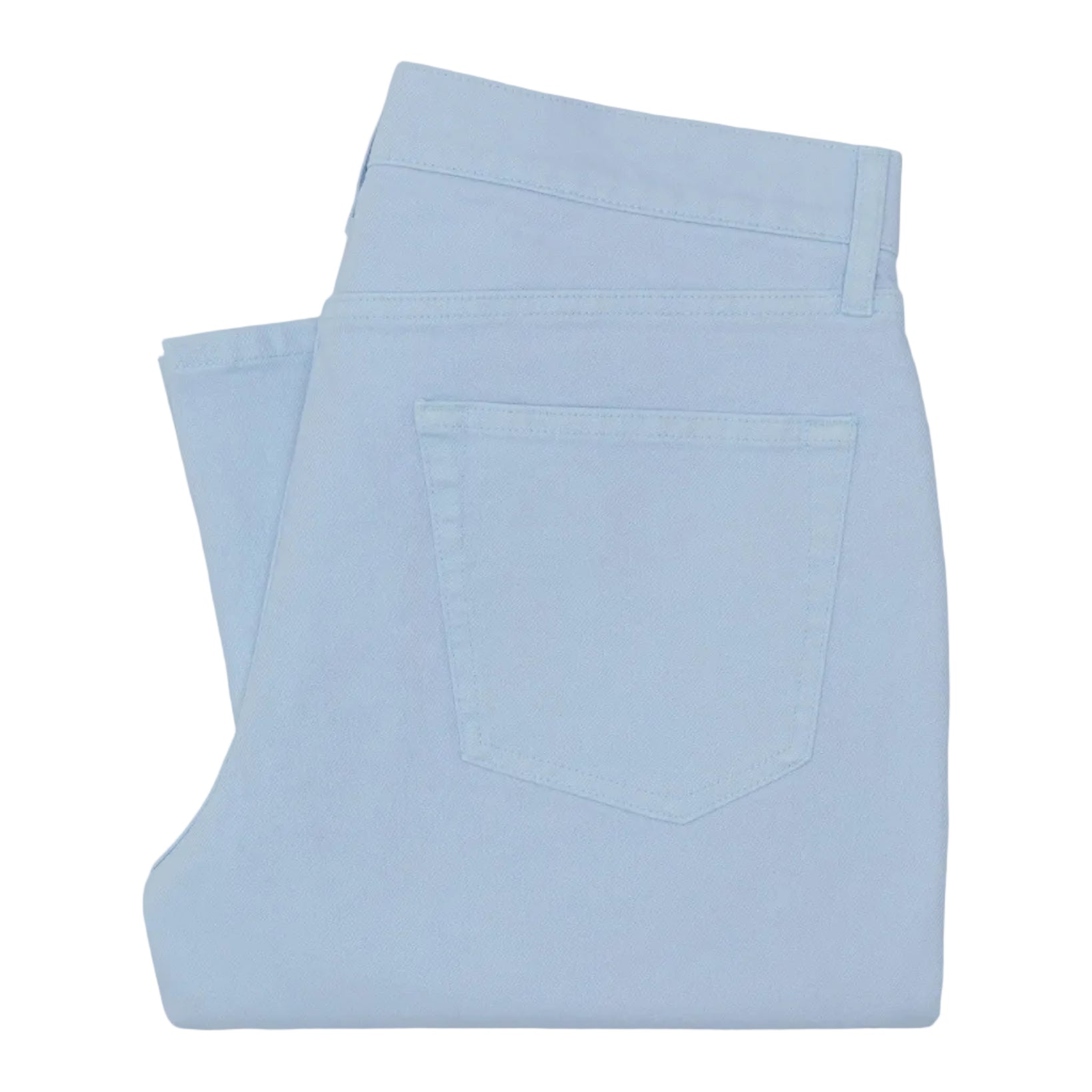 A pair of Sid Mashburn Clift Straight Leg Jeans in light blue, garment-dyed and neatly folded with the back pocket visible, isolated on a white background.