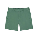 The Sid Mashburn Garment-Dyed Sport Short for men comes in green cotton with a 7-inch inseam, belt loops, button closure, and front pockets. Shown on a white background.