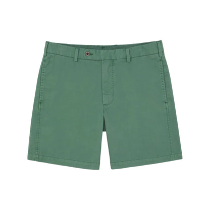 The Sid Mashburn Garment-Dyed Sport Short for men comes in green cotton with a 7-inch inseam, belt loops, button closure, and front pockets. Shown on a white background.