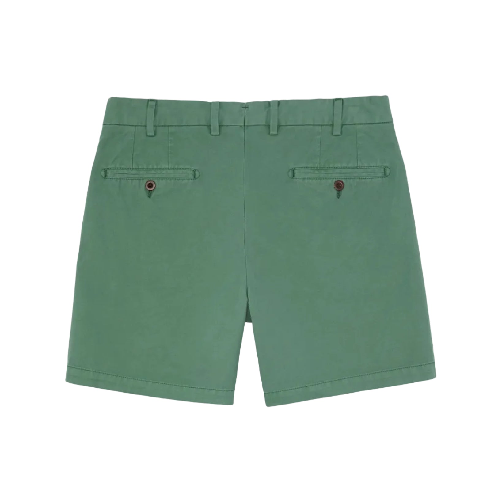 The Sid Mashburn Garment-Dyed Sport Short in green is shown from the back, highlighting two buttoned welt pockets and belt loops. Made from lightweight cotton, the shorts are displayed against a white background.