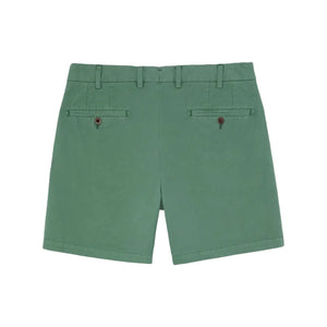 The Sid Mashburn Garment-Dyed Sport Short in green is shown from the back, highlighting two buttoned welt pockets and belt loops. Made from lightweight cotton, the shorts are displayed against a white background.