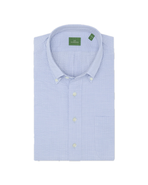 Short-sleeved button-down popover sport shirt by Sid Mashburn in textured blue, featuring a front pocket and a green label, displayed on a white background.