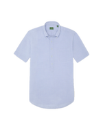 Introducing the Sid Mashburn Short-Sleeved Button-Down Popover Sport Shirt, displayed on a white background. This classic blue shirt showcases a subtle seersucker texture in a light blue hue, featuring short sleeves, a four-button popover front, smart collar, and a practical chest pocket for everyday convenience. Its lightweight construction ensures comfort while the textured weave adds visual interest.