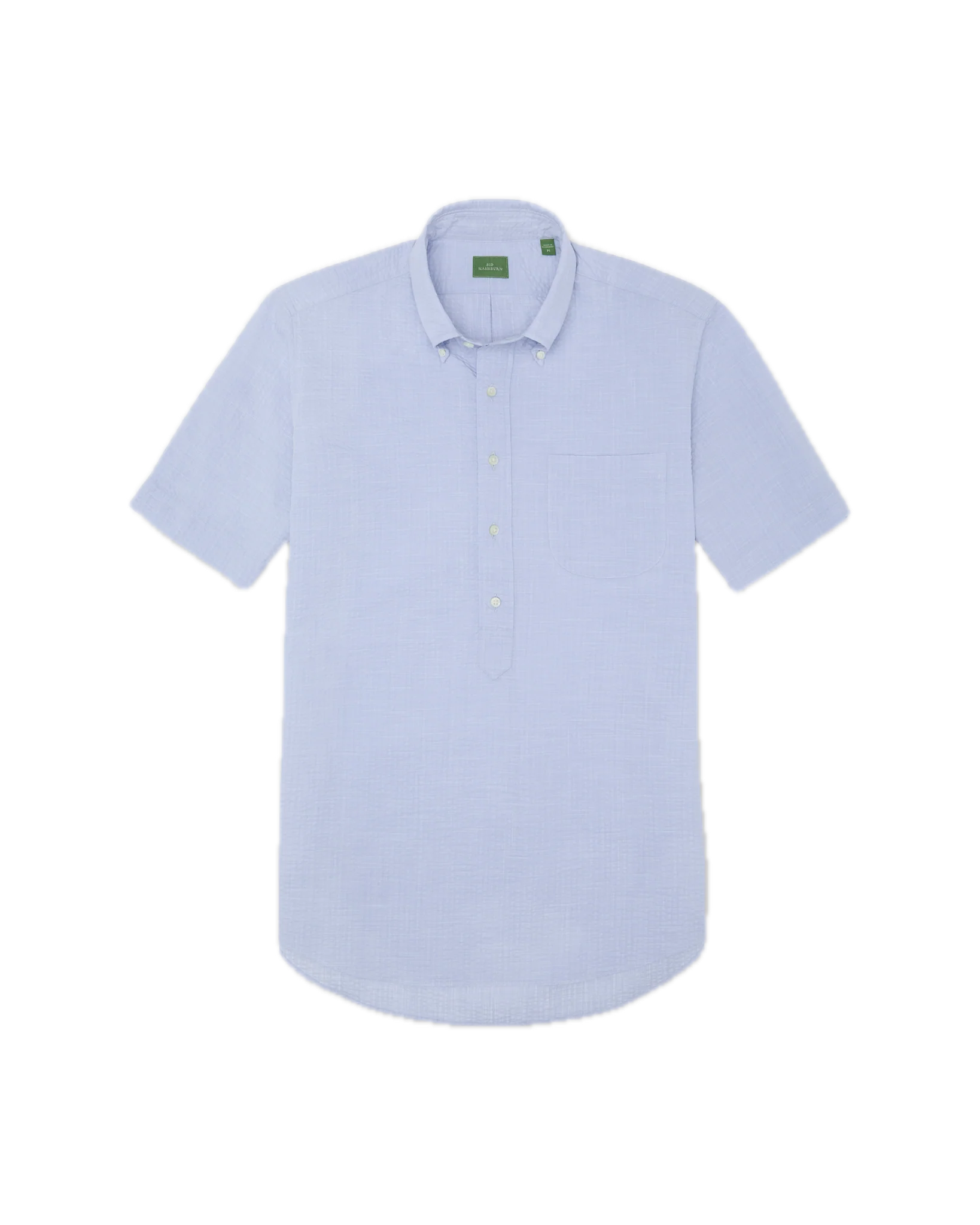 Introducing the Sid Mashburn Short-Sleeved Button-Down Popover Sport Shirt, displayed on a white background. This classic blue shirt showcases a subtle seersucker texture in a light blue hue, featuring short sleeves, a four-button popover front, smart collar, and a practical chest pocket for everyday convenience. Its lightweight construction ensures comfort while the textured weave adds visual interest.