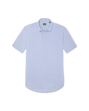 Introducing the Sid Mashburn Short-Sleeved Button-Down Popover Sport Shirt, displayed on a white background. This classic blue shirt showcases a subtle seersucker texture in a light blue hue, featuring short sleeves, a four-button popover front, smart collar, and a practical chest pocket for everyday convenience. Its lightweight construction ensures comfort while the textured weave adds visual interest.