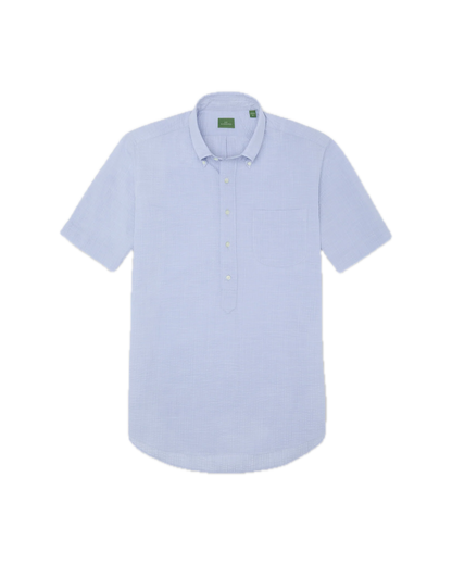 Introducing the Sid Mashburn Short-Sleeved Button-Down Popover Sport Shirt, displayed on a white background. This classic blue shirt showcases a subtle seersucker texture in a light blue hue, featuring short sleeves, a four-button popover front, smart collar, and a practical chest pocket for everyday convenience. Its lightweight construction ensures comfort while the textured weave adds visual interest.