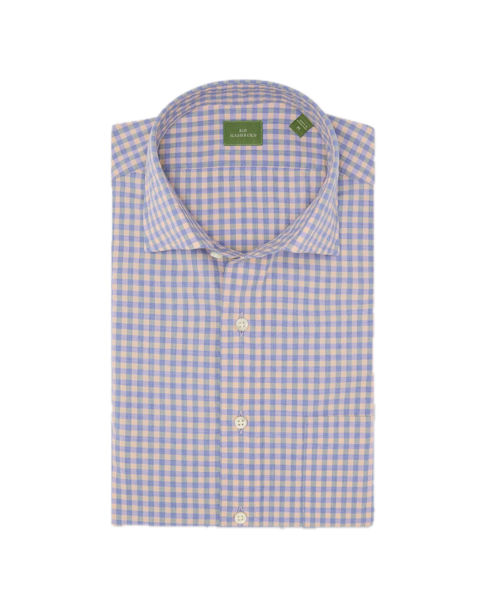 Sid Mashburn Spread Collar Sport Shirt in folded light blue and beige checkered slim fit style, featuring a spread collar and displayed on a white background.