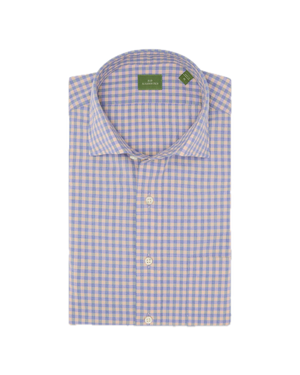 Sid Mashburn Spread Collar Sport Shirt in folded light blue and beige checkered slim fit style, featuring a spread collar and displayed on a white background.