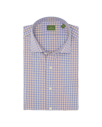 Sid Mashburn Spread Collar Sport Shirt in folded light blue and beige checkered slim fit style, featuring a spread collar and displayed on a white background.