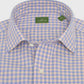 A Sid Mashburn Spread Collar Sport Shirt for men, styled in a peach and blue plaid pattern with a spread collar, is neatly folded to display the Sid Mashburn label inside the collar.