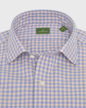 A Sid Mashburn Spread Collar Sport Shirt for men, styled in a peach and blue plaid pattern with a spread collar, is neatly folded to display the Sid Mashburn label inside the collar.