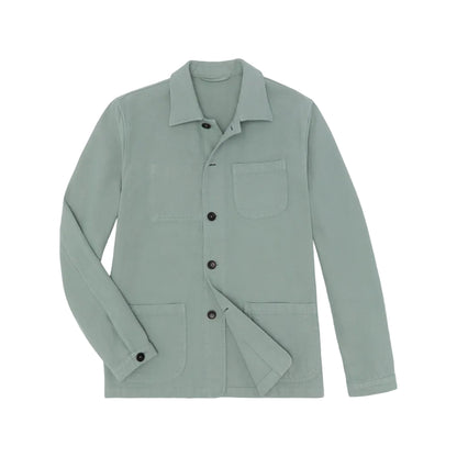 Sid Mashburn Chore Jacket in sage green cotton canvas, featuring three front pockets, displayed flat on a white background.