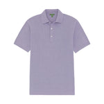 The Sid Mashburn Short-Sleeved Rally Polo Sweater is a light purple slim fit polo featuring a collar, three white buttons on the placket, short sleeves, and a green label inside the neck.